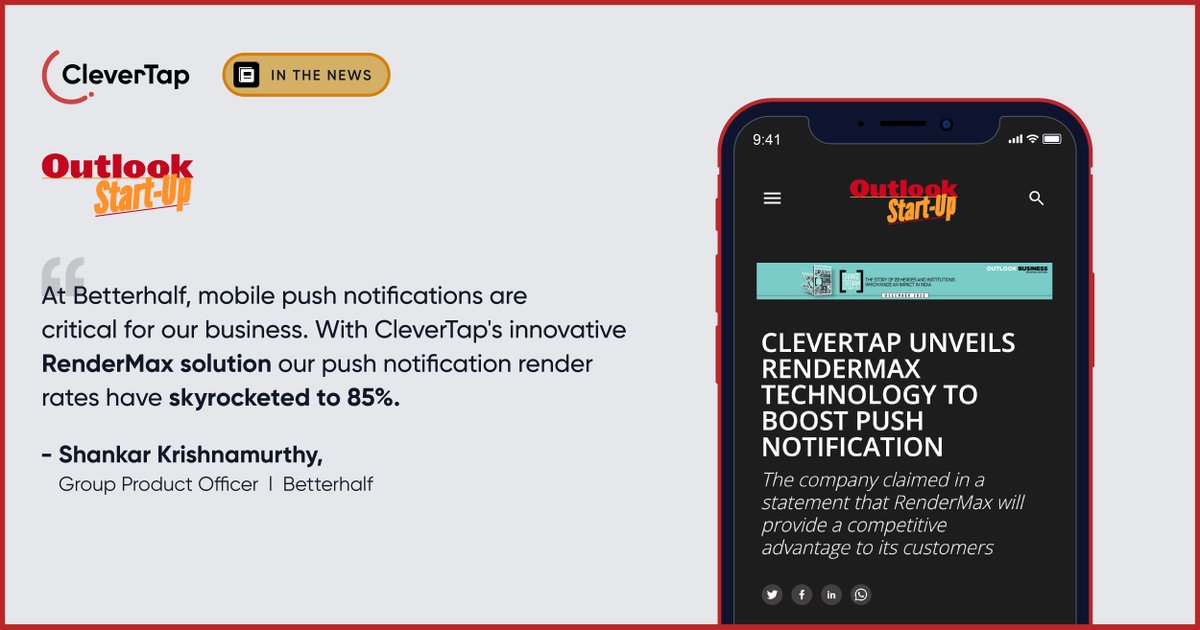 CleverTap's tweet photo. How RenderMax equips you to better engage with your customers? We’ll let you hear it from someone who’s tried and tested it! Read the latest @outlookbusiness article to know more: https://t.co/Kgh2SYdbBp 

#RenderMax #PushNotifications #RenderRate #Retention #CleverTapProduct https://t.co/xyFYTzX6D2