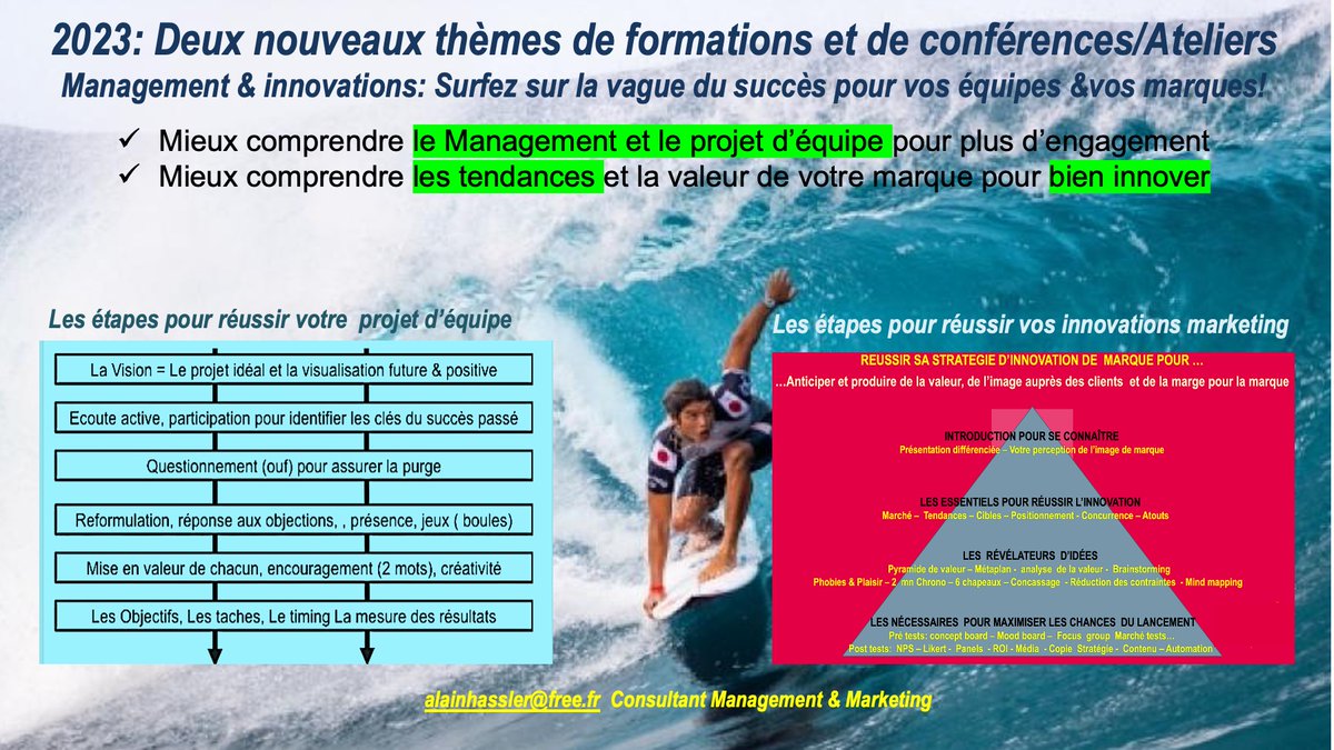 HasslerAlain's tweet photo. 2023. Progressez en Management &amp; Marketing de l’innovation !
Ne passez pas à côté des mutations nouvelles! Je vous propose de les travailler soit en conférences/ ateliers de 4 ou 7 h soit en formation de 2 jours suivi d’un coaching sur vos problématiques actuelles ou à venir https://t.co/JzboBpaqoH