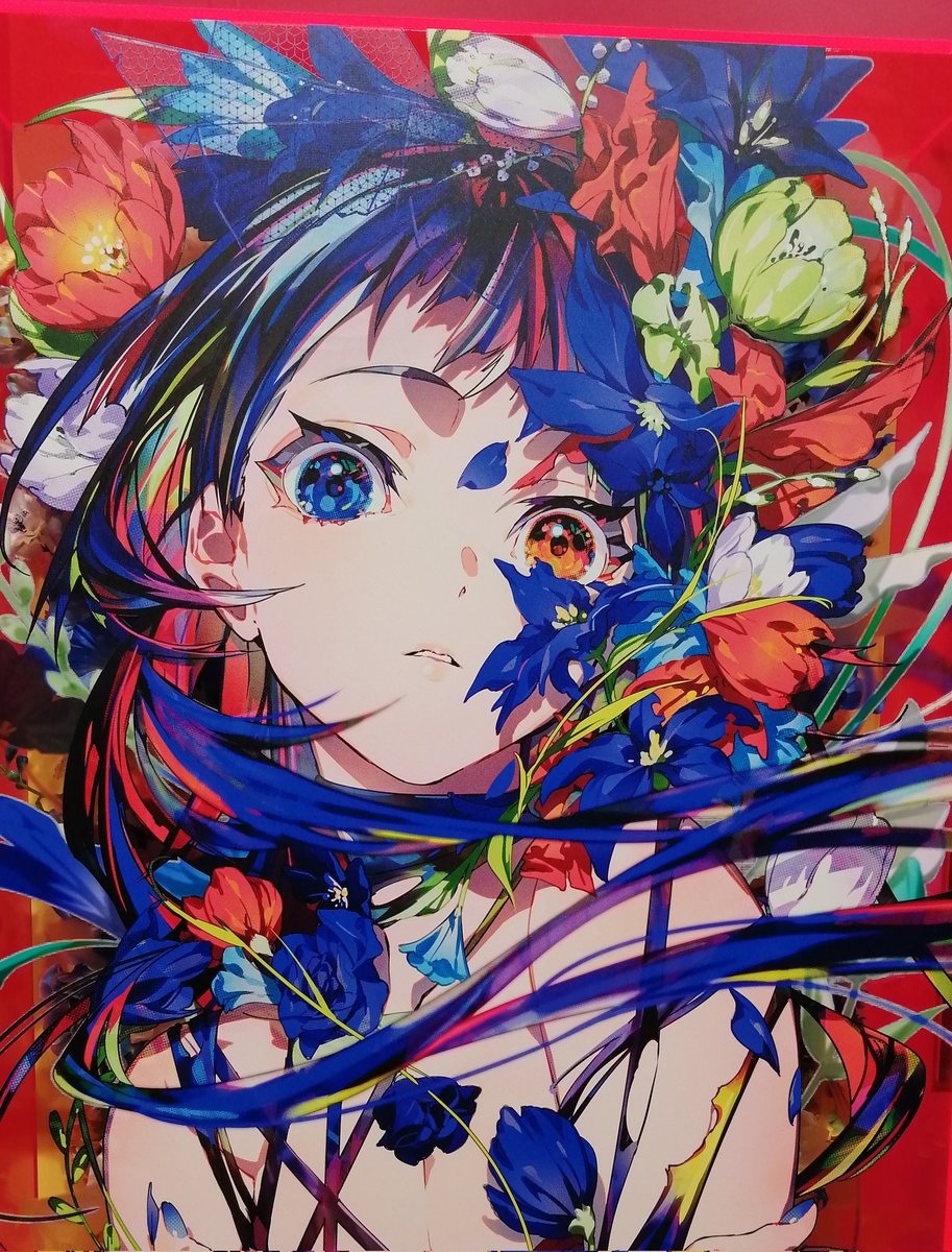 1girl flower solo blue eyes blue flower looking at viewer heterochromia  illustration images