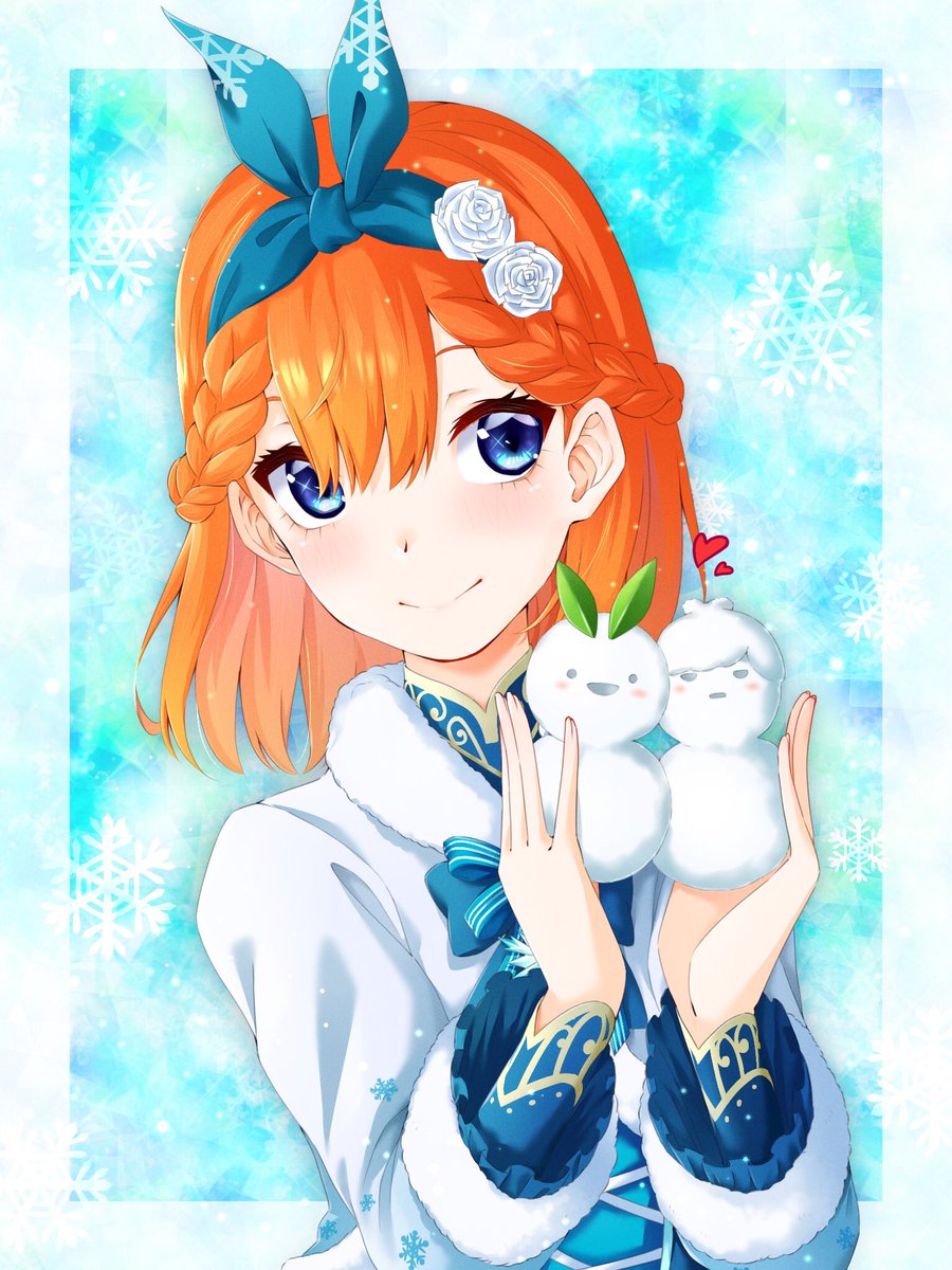 nakano yotsuba 1girl blue eyes smile braid orange hair snowflakes ribbon  illustration images