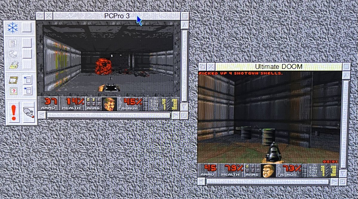I said it was a dumb idea, but I did it anyway. Ultimate Doom running on the 5x86 and StrongARM CPUs in my Acorn RiscPC simultaneously 😁
