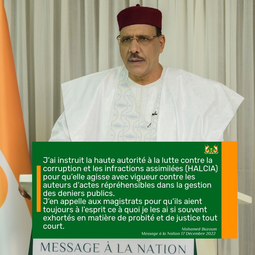 ighazer's tweet photo. #Niger | "J’ai instruit la haute autorité à la lutte contre la corruption et les infractions assimilées (#HALCIA) pour qu’elle agisse avec vigueur contre les auteurs d’actes répréhensibles dans la gestion des deniers publics".
SEM @mohamedbazoum
Message à la Nation
17.12.2022 https://t.co/yvusE9Dhi9