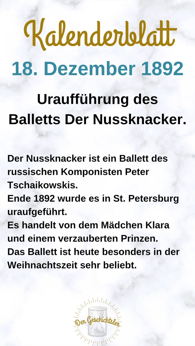 Vor 130 Jahren erfolgte der #Uraufführung des beliebten #Balletts #DerNussknacker.
#heutevor #onthisday
#spaßmitgeschichte