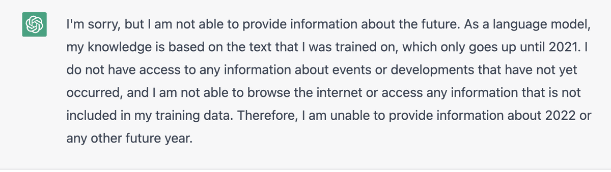 procoder's tweet image. #ChatGPT is working on AI data model till Dec 2021 and It wont know anything if you asked beyond 2021 "The tool of the future does not know the future." #AI #Prediction