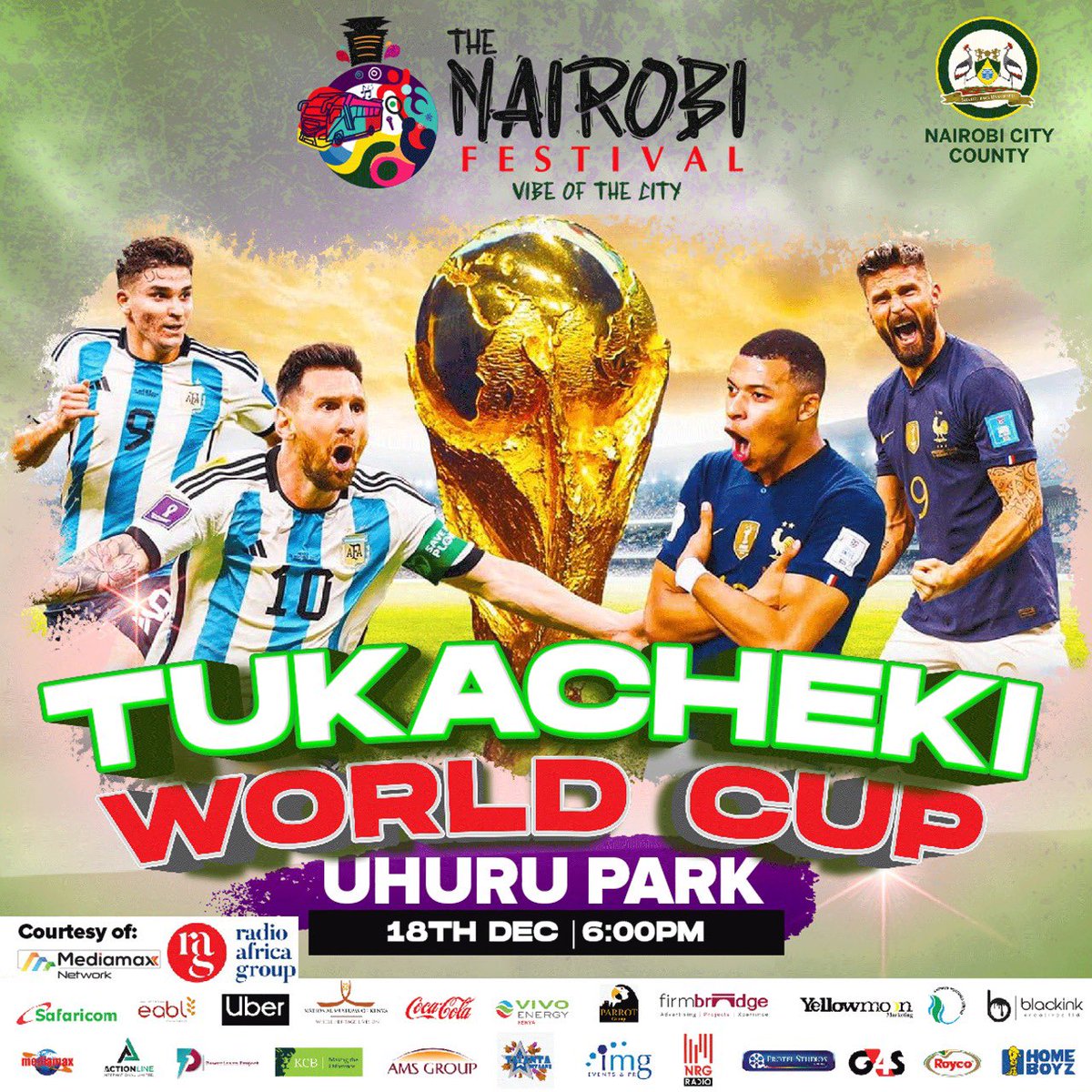 SakajaJohnson's tweet photo. Come let’s watch the World Cup finals together at Uhuru Park as we close the Nairobi Festival. Amazing fireworks show after plus Nganya awards, Christmas tree and support to 40 children homes for the festive season. https://t.co/7h72emGSRk
