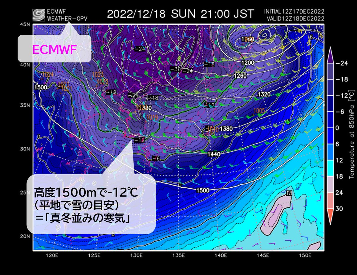 supercweather's tweet photo. 寒気は高層天気図で判断しますが「850hPa」「-12℃」が覚えにくいと思います。

SCW/GPVでは高層天気図の他【寒気の強さを雨雪判別線でも判断することが出来ます】
「雪判別線（紫）」は「850hPaの高度1500mで-12℃（平地で雪の目安）」と大体同じ位置となります。これが「真冬並みの寒気」です。

「 https://t.co/GB1IaqVGjT