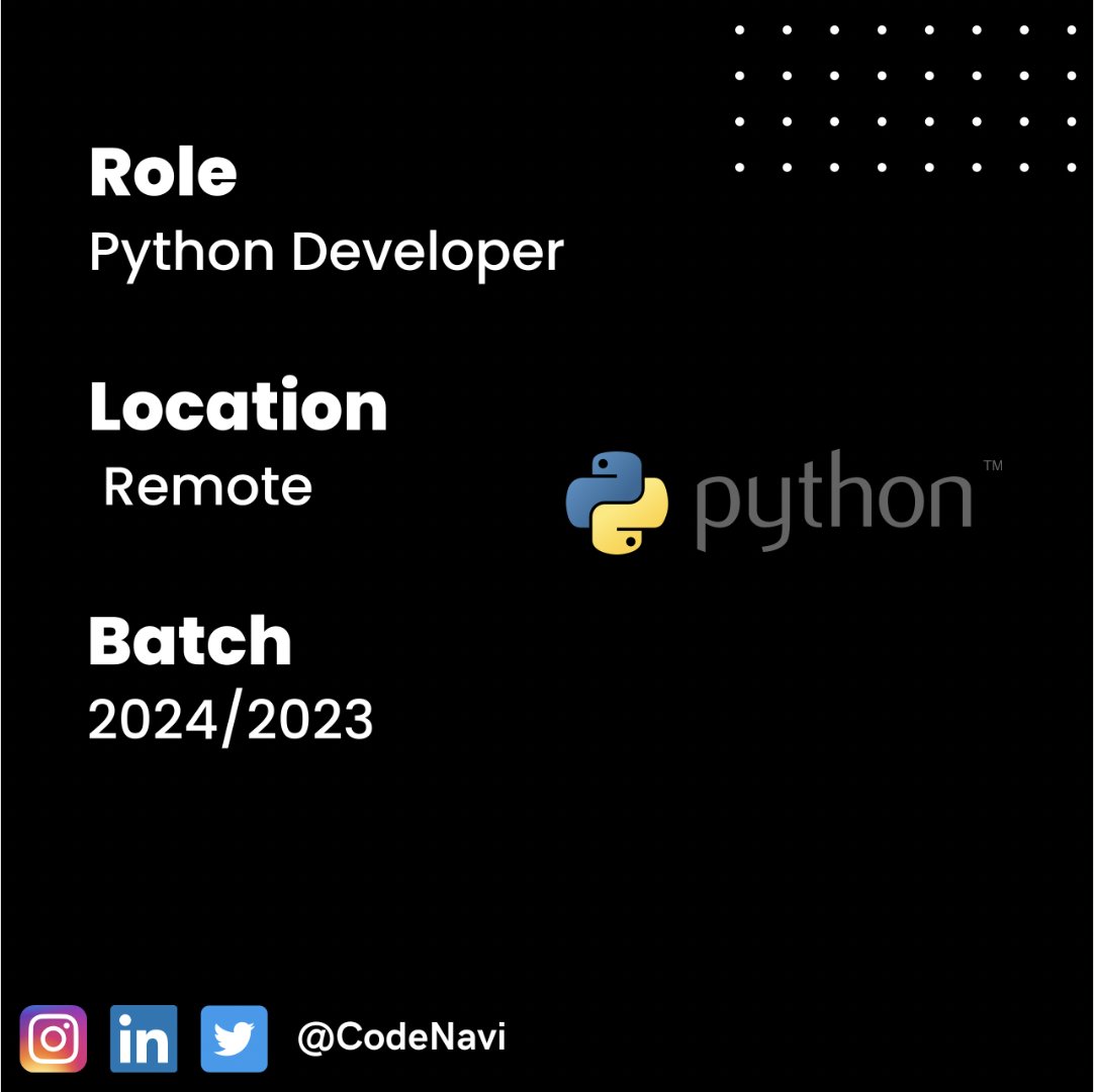 CodeNavi_'s tweet photo. ✔️ Brainnest Hiring Intern 

 📌Batch : 2024/23
 📌Role : Python Developer 
 📌Location : Remote 

🎯Apply here: https://t.co/aSoXRzduQ5

#codenavi #intern #pythondeveloper #brainnest https://t.co/aaFekHhwaD