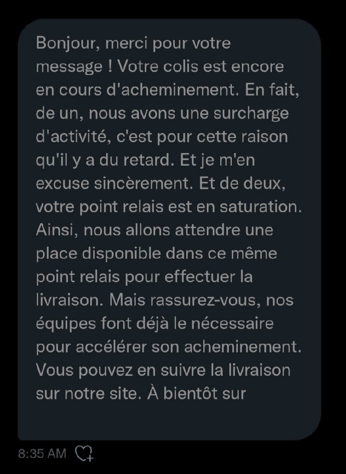 rstqueca's tweet photo. @Coldorak @mondialrelay Voici la réponse qu'ils m'ont donné pour un colis à 40km de chez moi depuis 3 semaines. https://t.co/4Xj3Xui5du