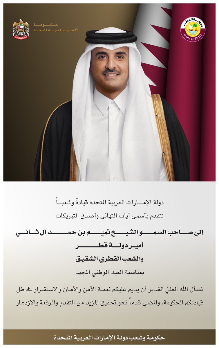 نبارك لصاحب السمو الشيخ تميم بن حمد آل ثاني وللشعب القطري الشقيق عيدهم الوطني المجيد والذي يصادف نهائي كأس العالم.. نفخر بتنظيمهم أفضل كأس عالم لكرة القدم.. ونفرح بعيدهم الوطني ووصولهم لهذه القمم.. قطر رفعت سقف المونديال .. ورسخت معايير عربية أمام العالم في حسن وروعة التنظيم..