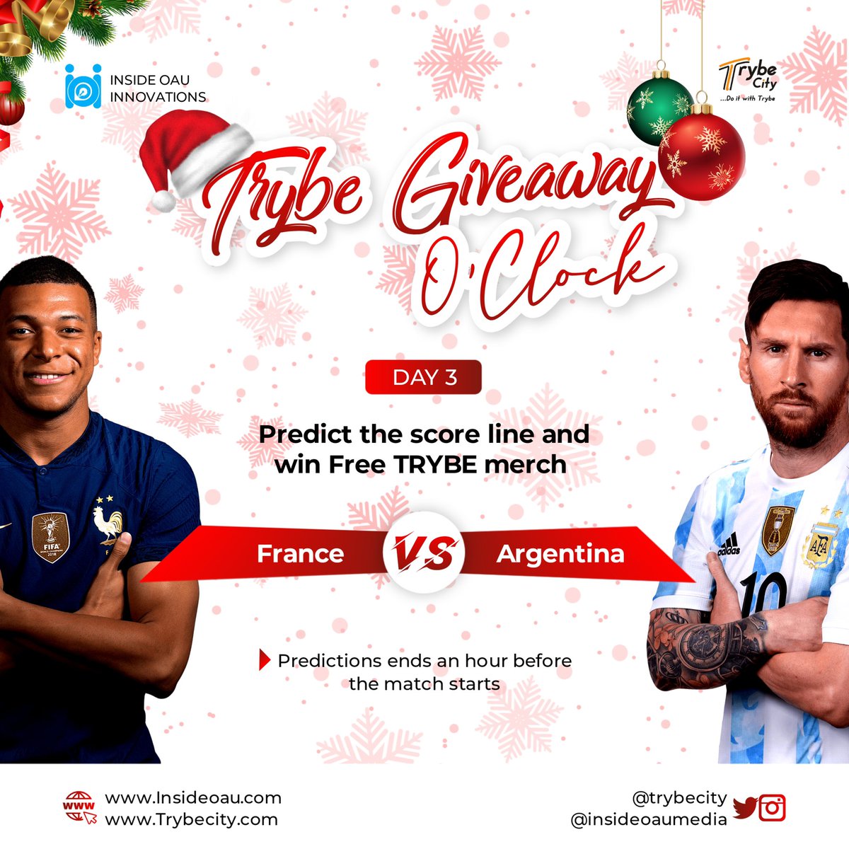 InsideoauMedia's tweet photo. Trybe giveaway o’clock Day 3! 
Rules of the game
1) Ensure you are following @insideoaumedia , @trybecity and also follow @Delibertytechng 
2) Write your prediction with the Hashtag #DoItWithTrybe 
3) Like and retweet this post  #ArgentinaVsFrance #WorldCup2022 #OAUTwitter https://t.co/nPiiJVGJCh