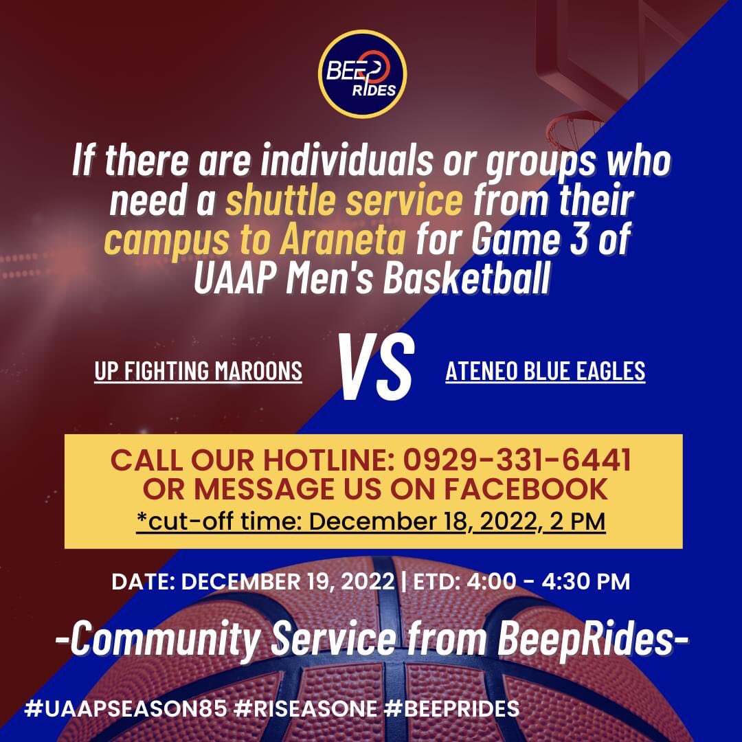 upmaroonclub's tweet photo. If there are individuals or groups interested for a SHUTTLE SERVICE from UP Diliman Campus to Araneta for the Game 3 of UAAP Men's Basketball,
Call their hotline: 0929-331-6441 or message BeepRides Facebook.
#UAAPSeason85 #RiseAsOne #BeepRides #UPFightingMaroons https://t.co/Ej0p1tSuDk
