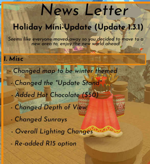 Rblx_Kritical's tweet photo. ❄️Holiday Mini-Update (Update 1.3.1)❄️
- Map changes
- Changed "Update Stand" for the Winter Season
- Lighting
- and a R15 choice

#RobloxDev #Roblox 
PLAY NOW!
https://t.co/iuHYC43JLF https://t.co/71tKJyxpiW
