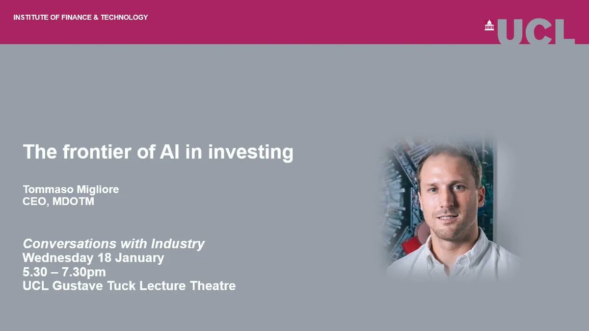 UCL_IFT's tweet image. In one month, we launch our 2023 Conversations with Industry series! 

Join us to hear from Tommaso Migliore, CEO and co-founder of #MDOTM Ltd, about how his business uses #AI to navigate increasing complex financial markets. 

Register here: buff.ly/3iT6D9t 

#fintech