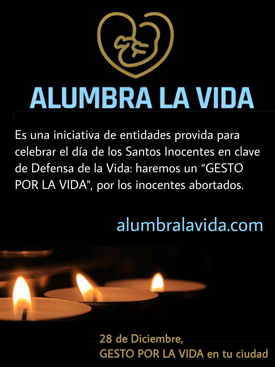#alumbralavida #lavidaelprimerderecho #SiAlaVida #gestoporlavida 
Ya está organizado en muchas ciudades de España, entre otras, en Málaga. ¡Súmate!
También hay muchas ciudades de Hispanoamérica en las que se va a prender una vela.
Alumbraremos la VIDA, que es el primer derecho.