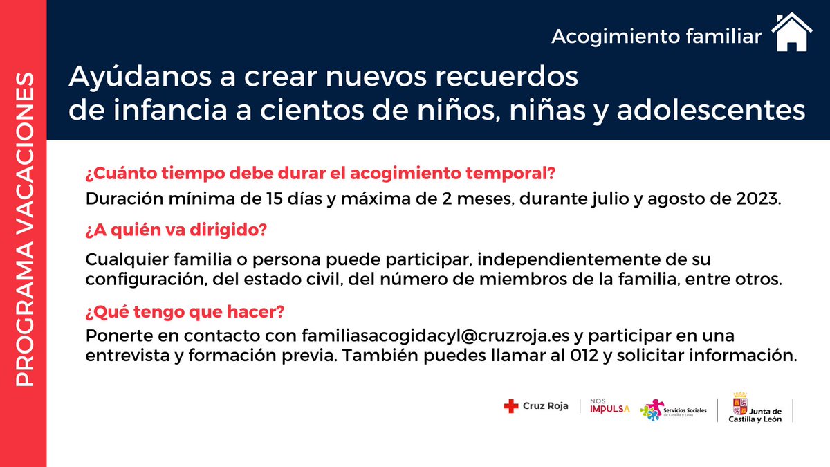 CruzRojaSalaman's tweet photo. Si sientes el deseo de ayudar, puedes participar en el #ProgramaVacaciones de @familiajcyl 
Familias solidarias de cualquier tipo se comprometen a compartir su tiempo de vacaciones con niñ@s y adolescentes de entre 7 y 17 años, pertenecientes al Sistema de Protección @jcyl https://t.co/u3w4eI7rgA