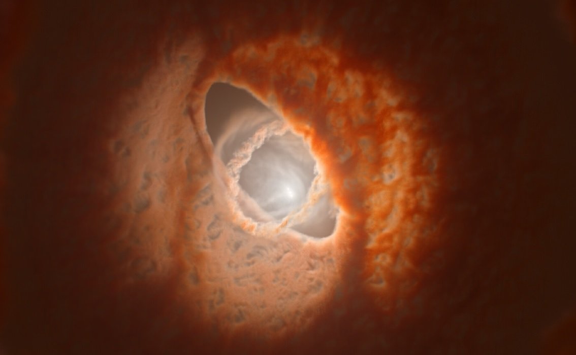 Voici une vue d'artiste d'un système de 3 étoiles en formation: GW Ori. Des planètes vont se former dans deux disques avec des inclinaisons différentes. Ça promet des ciels étonnants depuis ces planètes !