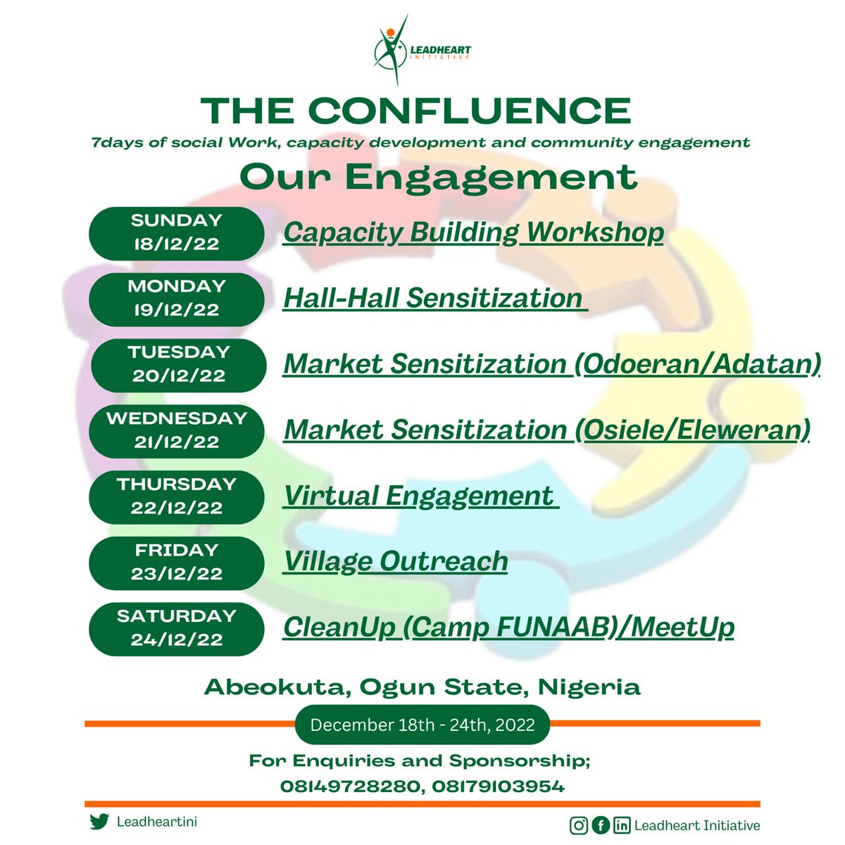 LeadheartIni's tweet photo. One of the thing we are passionate for is contributing to the community and society at large.
Introducing our lined up activities for The Confluence.
The day is upon us already. Continue to ride with us for the sake of Humanity.
#EndOfTheYearProject
#LeadheartInitiative
#SDGs https://t.co/B8WZWtkSps