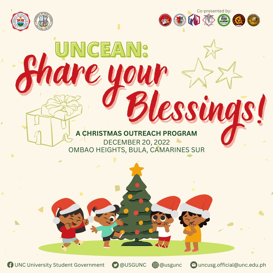 USGUNC's tweet photo. 𝗨𝗡𝗖𝗲𝗮𝗻: 𝗦𝗵𝗮𝗿𝗲 𝗬𝗼𝘂𝗿 𝗕𝗹𝗲𝘀𝘀𝗶𝗻𝗴𝘀

We invite you to take part in the activity by giving your old clothes and toys. The drop-off area will be at the USG Office (AMS 219). Let’s share the love this season of giving, UNCean!

#UNCeanShareYourBlessings
#USG2223 https://t.co/GrlQjb5QAW