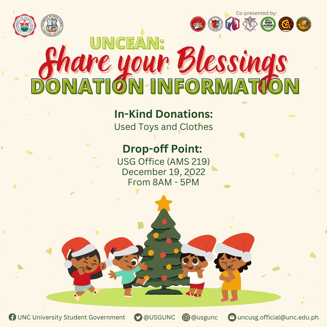 USGUNC's tweet photo. 𝗨𝗡𝗖𝗲𝗮𝗻: 𝗦𝗵𝗮𝗿𝗲 𝗬𝗼𝘂𝗿 𝗕𝗹𝗲𝘀𝘀𝗶𝗻𝗴𝘀

We invite you to take part in the activity by giving your old clothes and toys. The drop-off area will be at the USG Office (AMS 219). Let’s share the love this season of giving, UNCean!

#UNCeanShareYourBlessings
#USG2223 https://t.co/GrlQjb5QAW