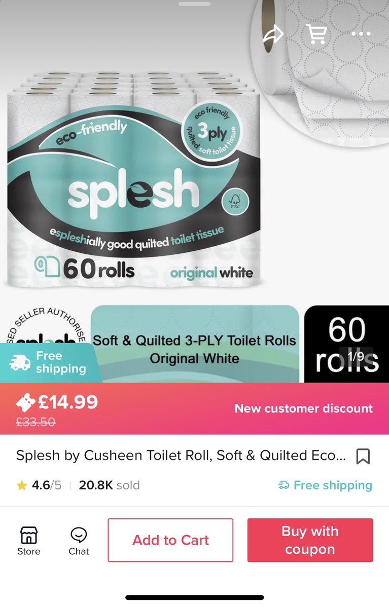 cgledhill's tweet photo. Placed my first ever order through TikTok Shop. 

👍 Pros: I now have 60 toilet rolls for £14.99
👎 Cons: The Chinese now have my home address

#fintech #tcommerce https://t.co/WhlLMOOgnb