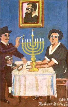 Dnes začíná Chanuka. Osmidenní Svátek světel. Na obraze pražského naivního malíře Roberta Guttmanna (1880-1942) visí nad chanukijí, osmiramenným svícnem s devátou zapalovací svící šamaš (sluha), portrét zakladatele sionismu Theodora Herzla.