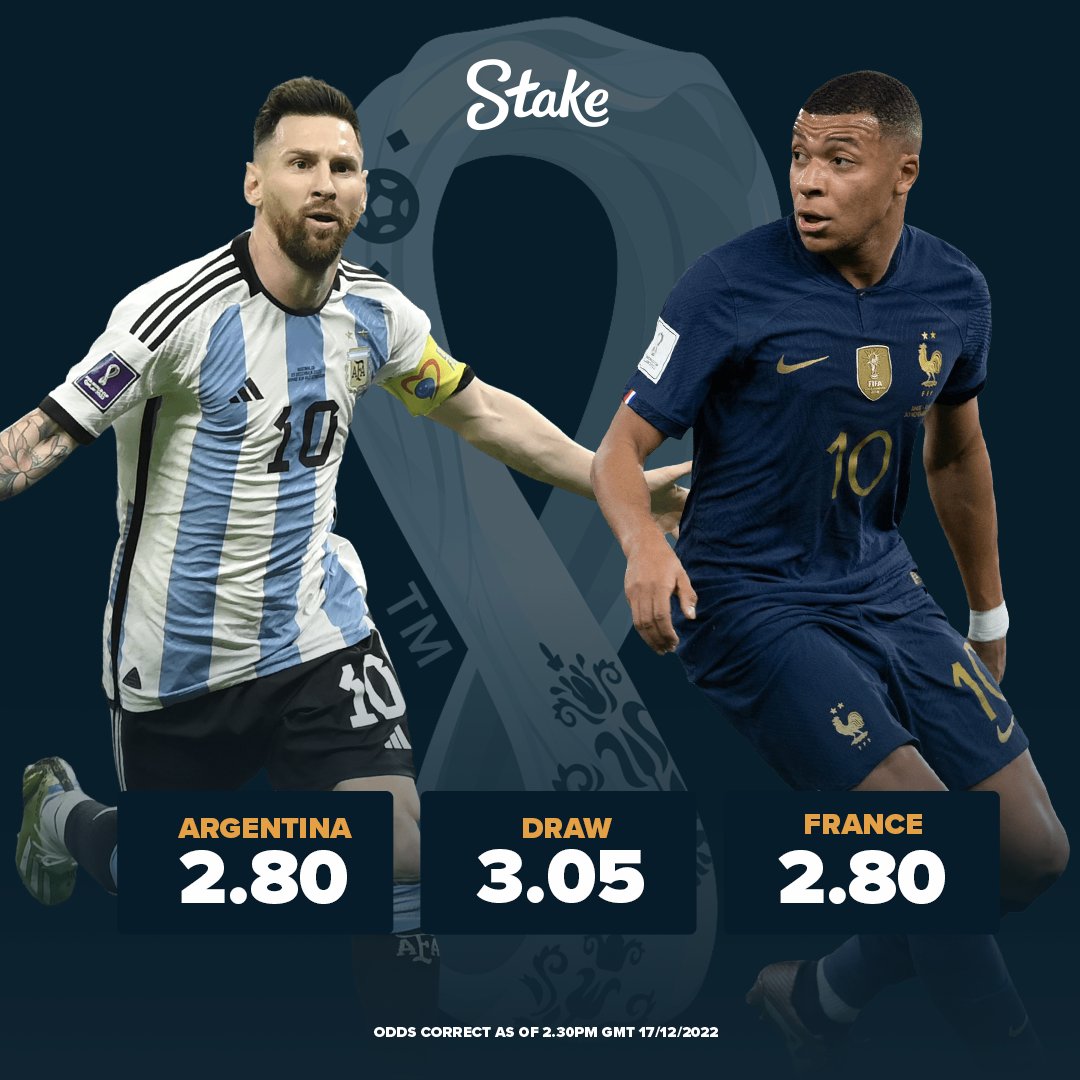We want someone to represent #Argentina v #France at the #FIFAWorldCup Final and go H2H for some $ 🤑

Comment your team below +❤️ &amp; RT

Two people will be selected before kick-off and assigned a team each. If your team wins, get $2,000 in Stake credit, lose get $500 🏆