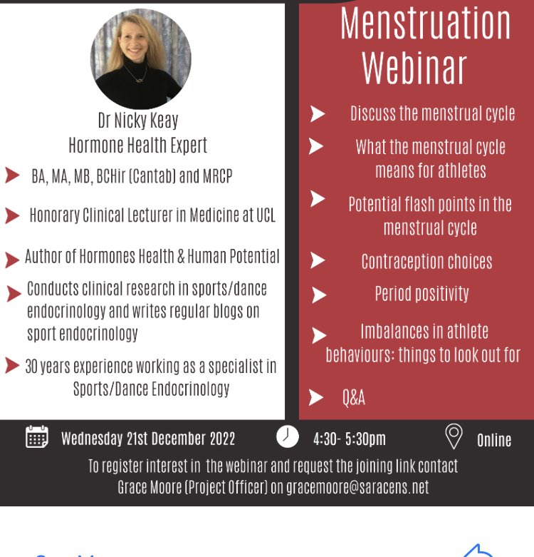 Come and join this free webinar 21/12/22 discussing #hormones #menstrualcycle #periods #athlete