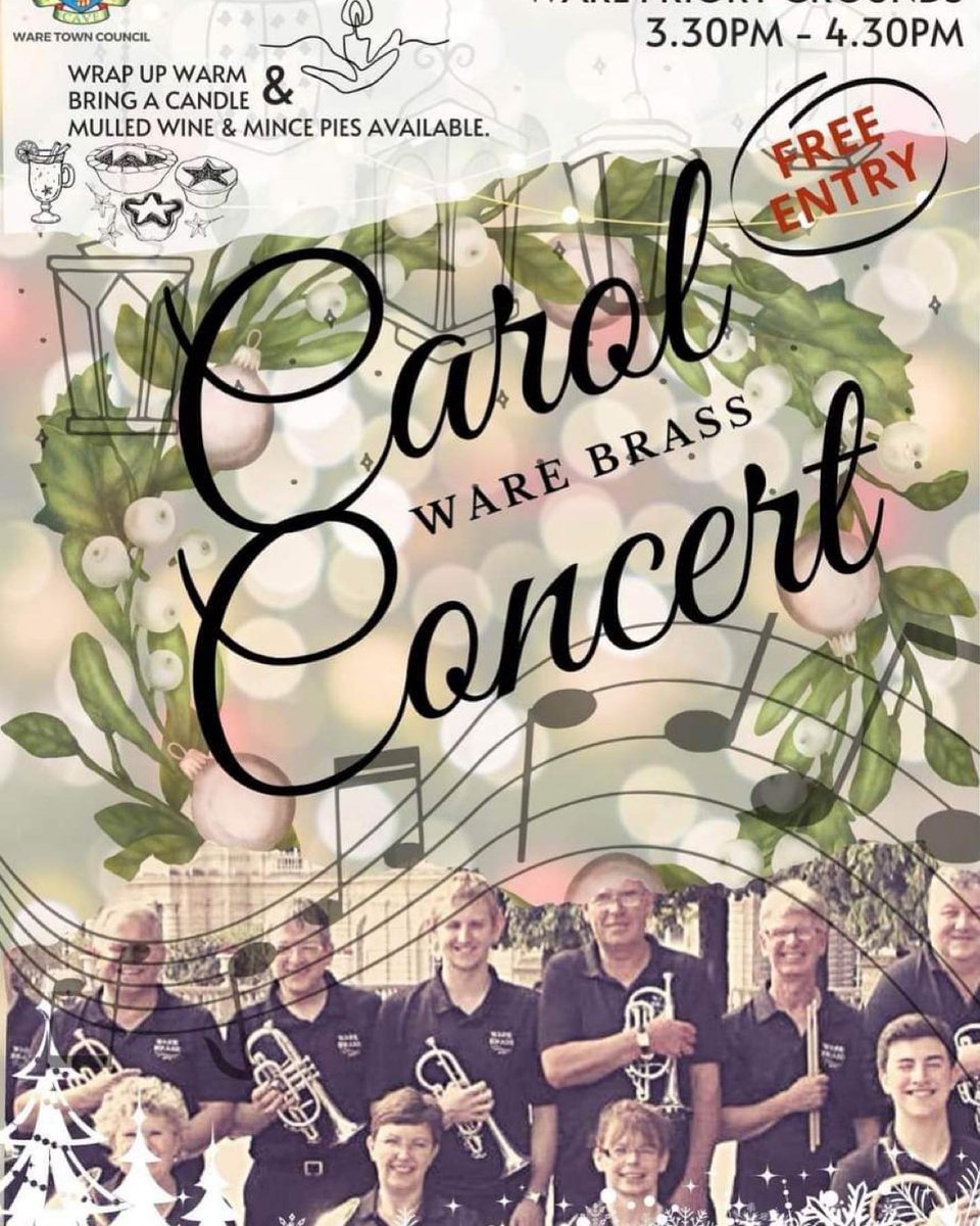 WareTownCouncil's tweet image. As it's raining we're into Fletcher's Lea for our @Ware Brass Carol Concert.  3.30-4.30pm - entry free.  The Mayor will be selling festive, warming mulled wine in aid of his charity @AlwaysBeeYou.  See you there!