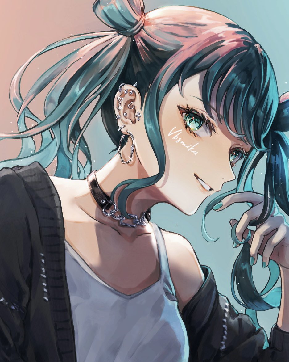 1girl solo twintails jewelry smile piercing earrings  illustration images