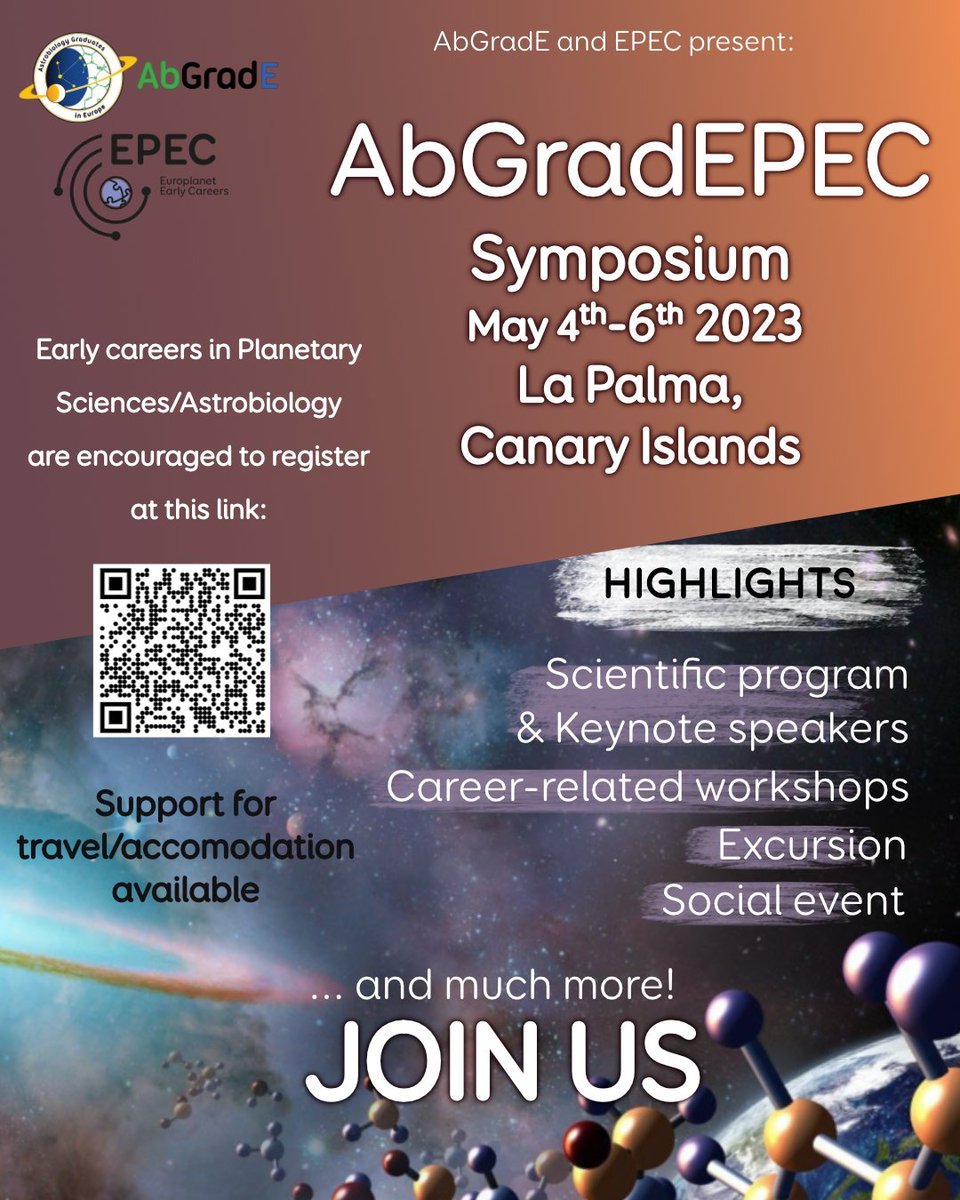 📢 @abgradeurope and our early career network @epec_epn joined forces and organized #abgradEPEC, a symposium for early careers in La Palma. It will be held on 4-6 May 2023, don't miss this! Deadline for abstract 31st January, more info here: europlanet-society.org/abgradepec-202…