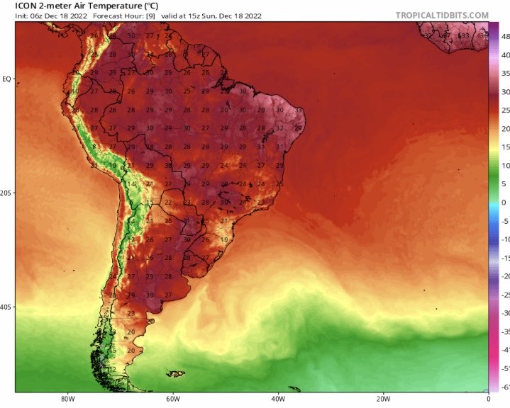 El incremento de la temperatura es crítica para la supervivencia de la naturaleza. Esta situación quizás todavía se puede revertir. Vean el mapa térmico de hoy (ICON-2m). Siempre tiendo a focalizarme en Chile, pero observen el panorama continental.