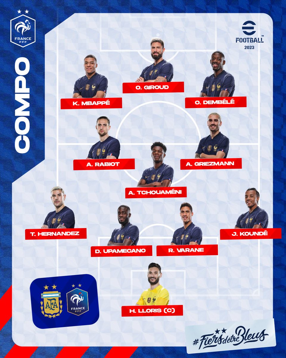 Voici le 1️⃣1️⃣ de départ pour notre 𝗙𝗶𝗻𝗮𝗹𝗲 𝗱𝗲 𝗖𝗼𝘂𝗽𝗲 𝗱𝘂 𝗠𝗼𝗻𝗱𝗲 contre l'Argentine ⚔️🔥

Coup d'envoi 16h00 sur @TF1 📺

𝗧𝗢𝗨𝗦 𝗗𝗘𝗥𝗥𝗜𝗘̀𝗥𝗘 𝗡𝗢𝗦 𝗕𝗟𝗘𝗨𝗦 💪

#ARGFRA | #FiersdetreBleus