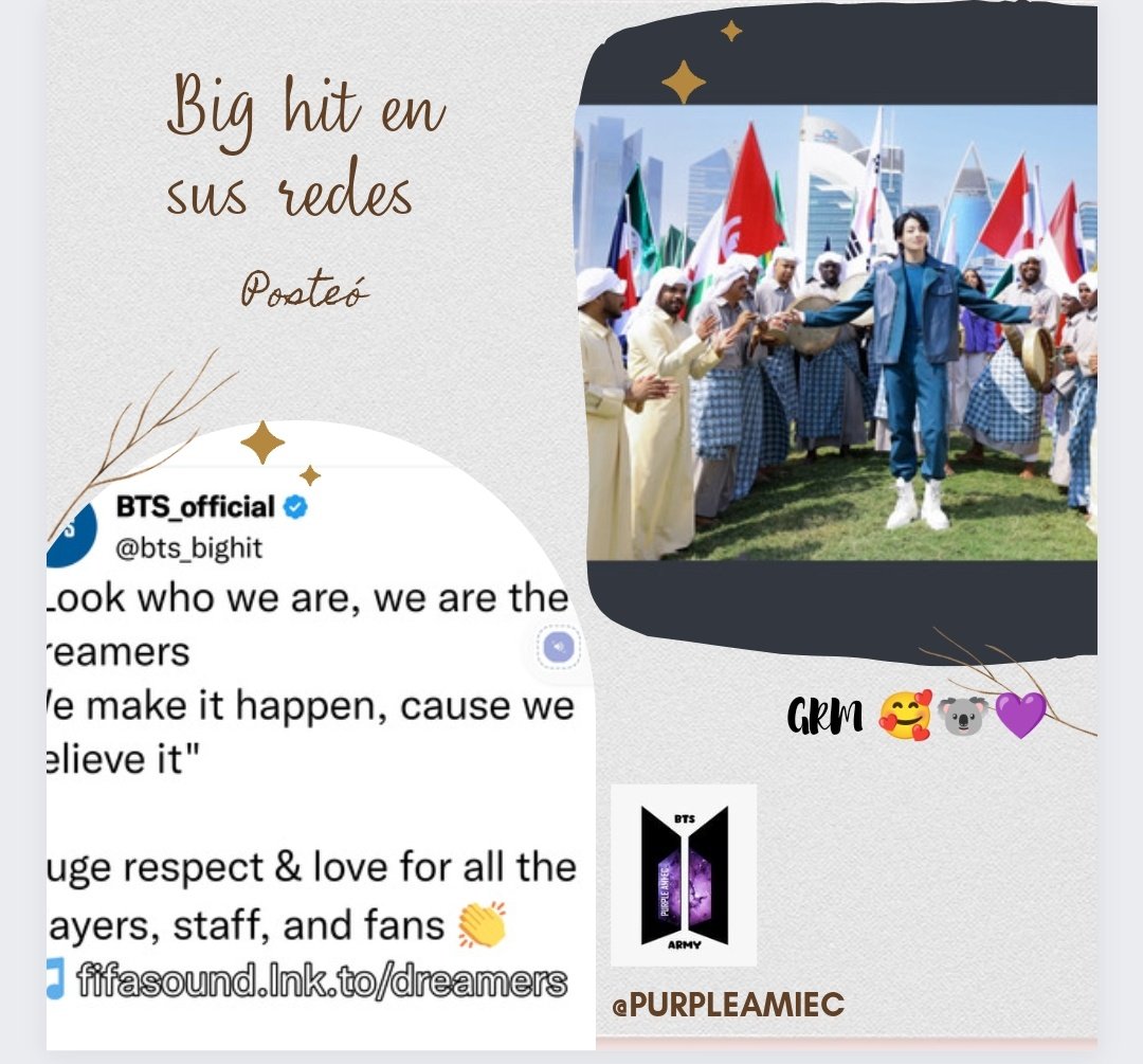 GraceRuilovaMer's tweet photo. 📰INFO

Big hit en sus cuentas oficiales publicaron 👇

"Mira quienes somos, somos los soñadores
Hacemos que suceda, porque lo creemos"

Gran respeto y amor por todos los jugadores, el personal y los fanáticos 👏
🎵 https://t.co/TSszlgDE3V

#FIFAWorldCup #Dreamers2022 #JungKook https://t.co/f33xRQQewM