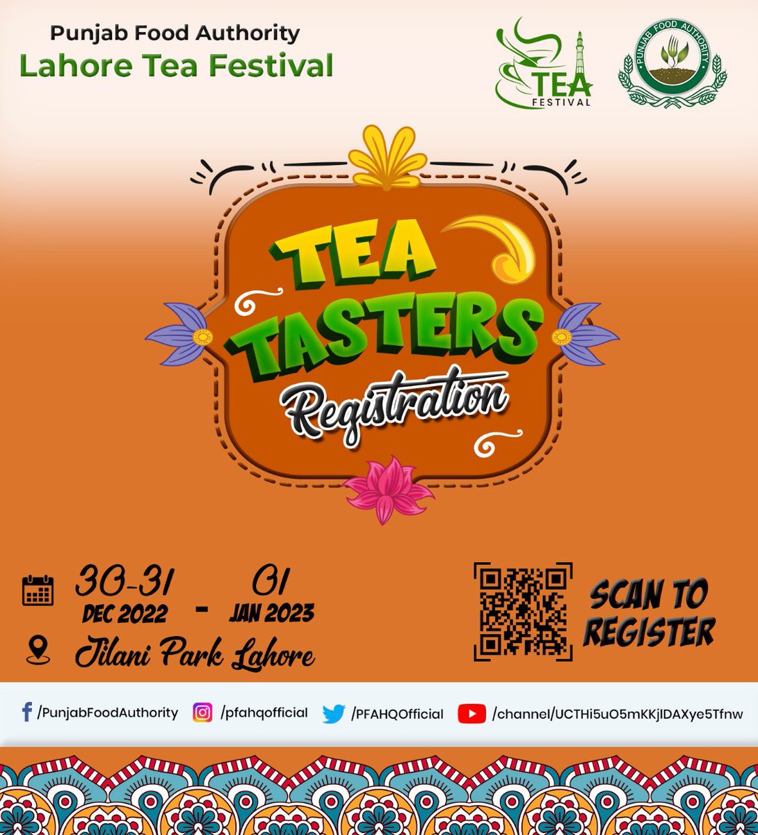 muddassirmalik1's tweet photo. Registration open now for #PFATeaFest Tea Tasters! 

Register yourself to taste,try &amp; choose the best Tea flavours from around the world &amp; win exciting prizes. 

#PFATeaFest 
#چائے_کی_چاہ 
Scan QR code, fill the form and submit to register now! Or visit PFA website to register. https://t.co/SnMv5juoYb