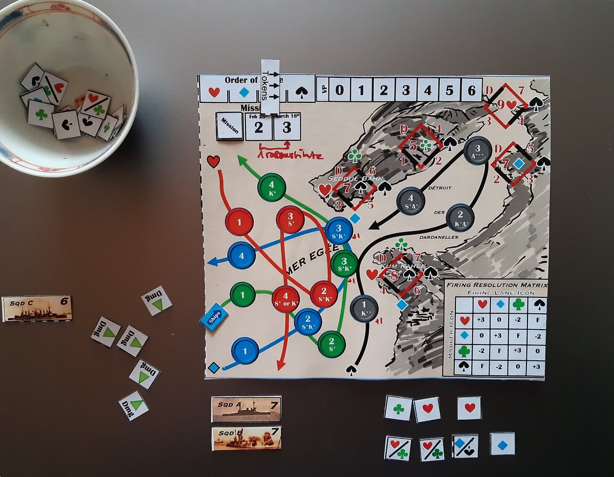 DrEvil71178914's tweet image. Playtest #The_Narrows for #pftf. I'm happy how it works after the update. 
Day1 I go for the FL green with 2 Sqd. Total 7 tokens to draw. I got 1 club (+3), 2 Heart (-2) and 1 Square (Failure). The tokens with 2 icons, 2 counts as Hearts and  as square (less favorable for my FL).