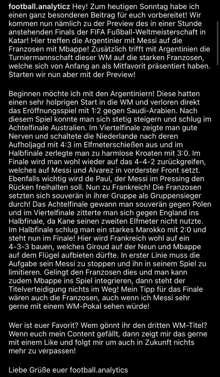 ftbllanalytics's tweet photo. Hey! Zum heute anstehenden Finale der FIFA Fußball-Weltmeisterschaft in Katar habe ich euch natürlich wieder eine Preview vorbereitet! In gut einer Stunde spielen Argentinien, mit Lionel Messi, gegen Frankreich, mit Kylian Mbappe! Wer wird Weltmeister 2022? #FIFAWorldCup2022 #ran https://t.co/HRMGXA8xYz