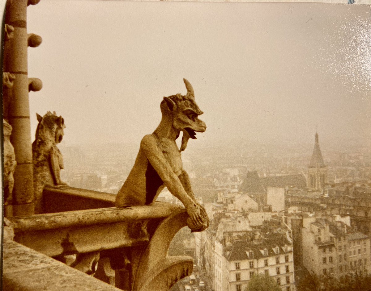 Chimera gargoyle on Notre-Dame cathedral. Photo taken in 1981 before the devastating fire on 15 April 2019. Hope the gargoyles survived. #standingstonessunday #gothic