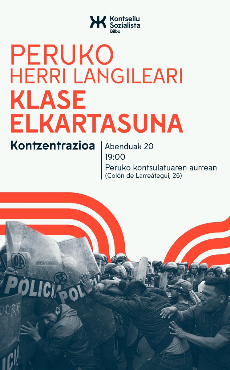 Kontseilua_Bilb's tweet photo. [EUSK] 𝗞𝗢𝗡𝗧𝗭𝗘𝗡𝗧𝗥𝗔𝗭𝗜𝗢𝗔

Peruko egoera politiko larria salatzeko eta Peruko herri langileari elkartasuna adierazteko kontzentrazioa deitu dugu astearterako.

📆 Abenduak 20
🕖 19:00
📍 Peruko kontsulatuan (Colón de Larreátegi, 26) https://t.co/HHIc20TveJ