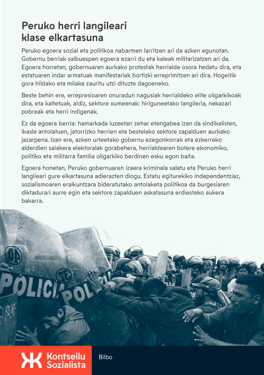 Kontseilua_Bilb's tweet photo. [EUSK] 𝗞𝗢𝗡𝗧𝗭𝗘𝗡𝗧𝗥𝗔𝗭𝗜𝗢𝗔

Peruko egoera politiko larria salatzeko eta Peruko herri langileari elkartasuna adierazteko kontzentrazioa deitu dugu astearterako.

📆 Abenduak 20
🕖 19:00
📍 Peruko kontsulatuan (Colón de Larreátegi, 26) https://t.co/HHIc20TveJ
