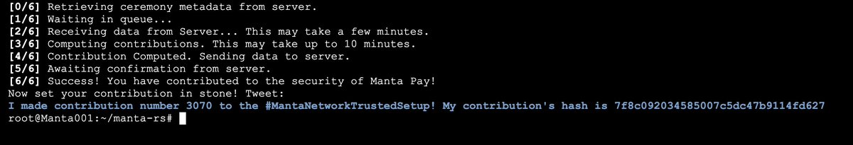 I made contribution number 3070 to the #MantaNetworkTrustedSetup!
My contribution's hash is 7f8c092034585007c5dc47b9114fd627