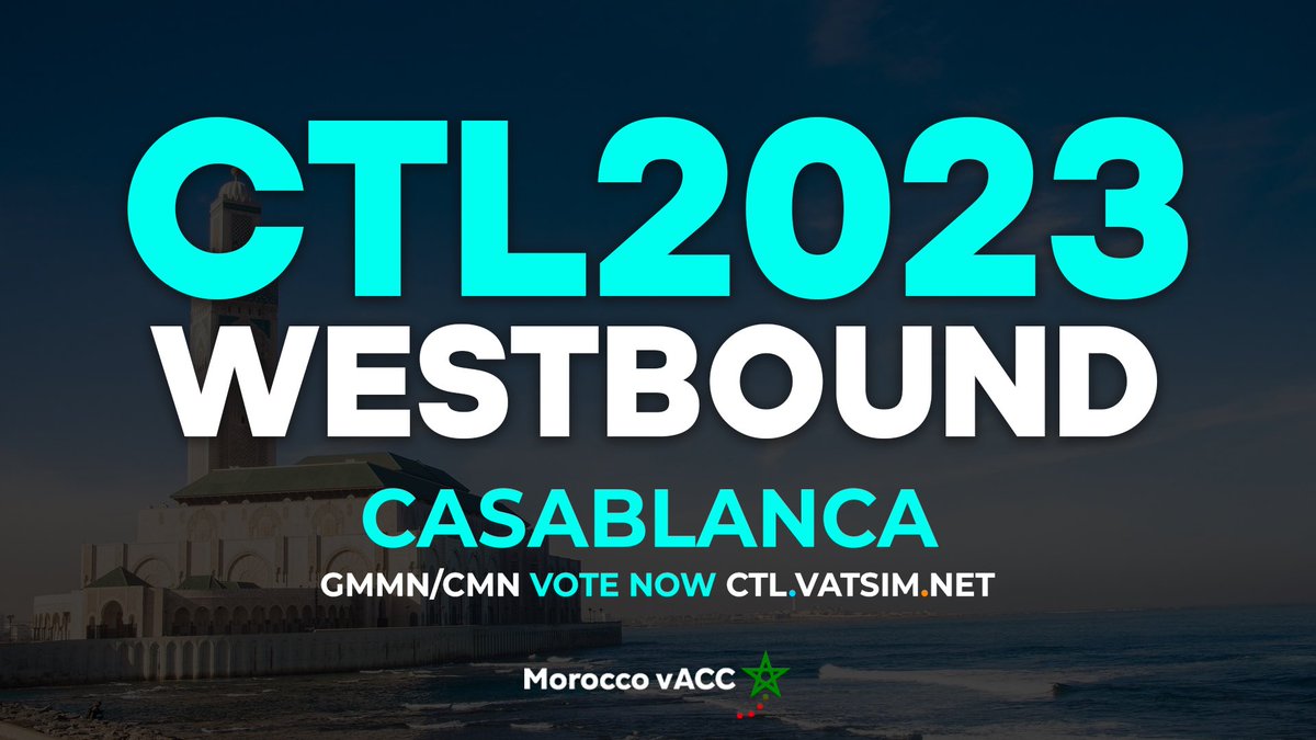 MaghrebvACC's tweet photo. Salam #vatsim!
You have until today 2359z to choose #GMMN for @vatsimctl 2023 westbound edition 🤩
Head down to https://t.co/yLsCxBUC83 and pick up #Casablanca as your first choice 😇
“Morocco vACC, Virtually Real” https://t.co/fvZt6PZIPR