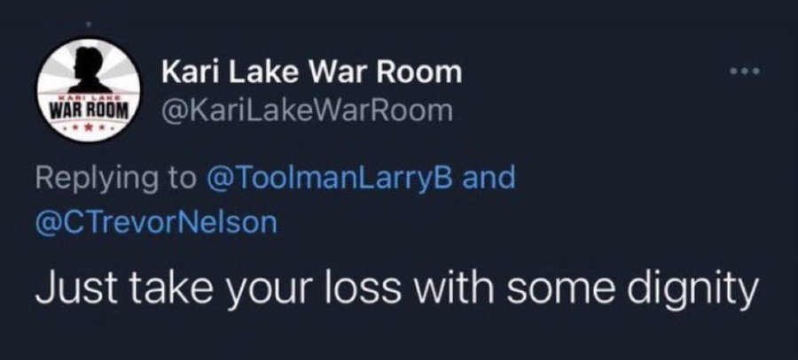 <a href="/KariLakeWarRoom/">Kari Lake War Room</a> 🚨 Breaking 🚨
Sore loser and chronic complainer Kari Lake is pushing false narratives. It is unAmerican to lie about your loss.

You have zero dignity and it is obvious that AZ made the right choice with your shenanigans.