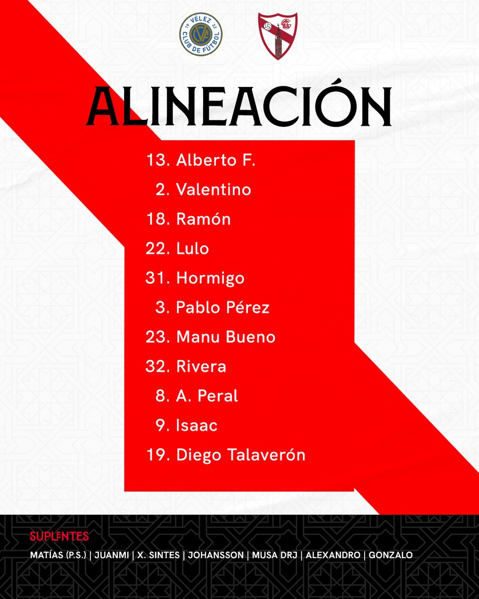 ONCE | ¡Esta es la alineación del #SevillaAtlético para enfrentarse al <a href="/VELEZCFoficial/">Vélez Club de Fútbol</a>!

#VamosSAT ⚪️🔴⚪️