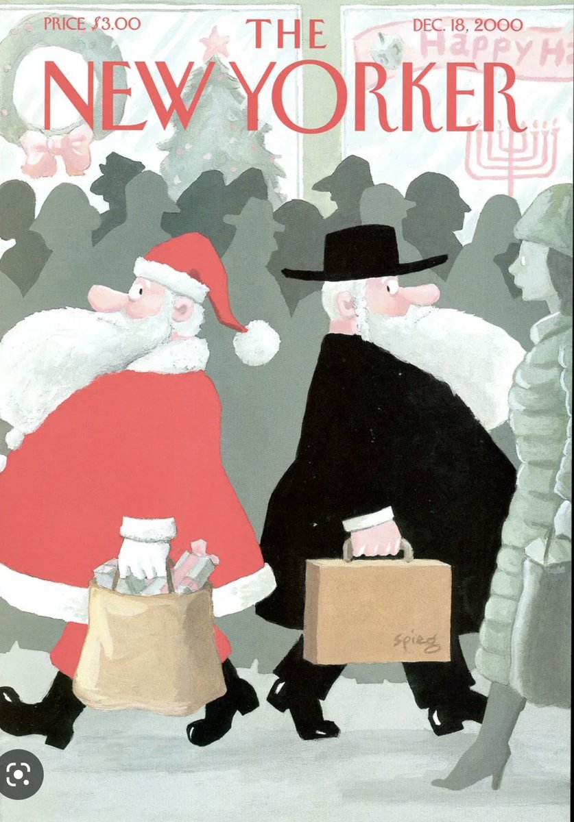 ProverbesTalmud's tweet photo. Cette année, Hannoucah et Noël tombent en même temps. Pensée à ⁦@ArtSpiegelman7⁩ qui avait fait cette couverture du ⁦@NewYorker⁩ 
Joyeuses fêtes à tous. 

Christmas and Hanukkah fall at the same time this year. Happy holidays! ⁩ ⁦ https://t.co/m8qQBpN4d0