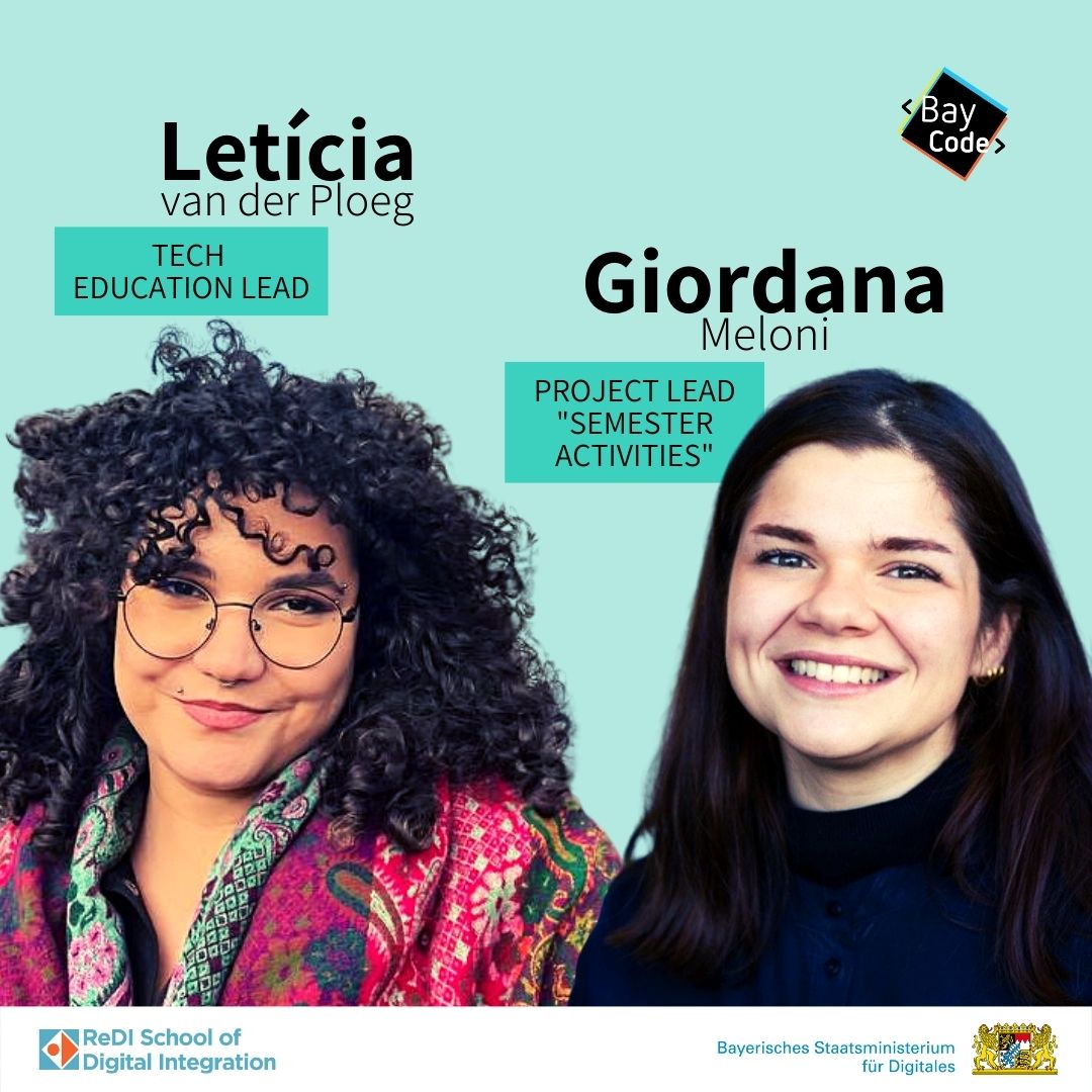 Frohen 4. Advent!

Wir stellen euch die letzten Team-Mitglieder der ReDI School vor, die #BayCode ermöglichen:
💚 Giordana Meloni und Letícia va der Ploeg.

Für mehr Infos über das BayCode-Team schaut doch mal auf unserem Instagram Account vorbei!

@gerlach_judith <a href="/digitalbayern/">Bayerisches Digitalministerium</a>