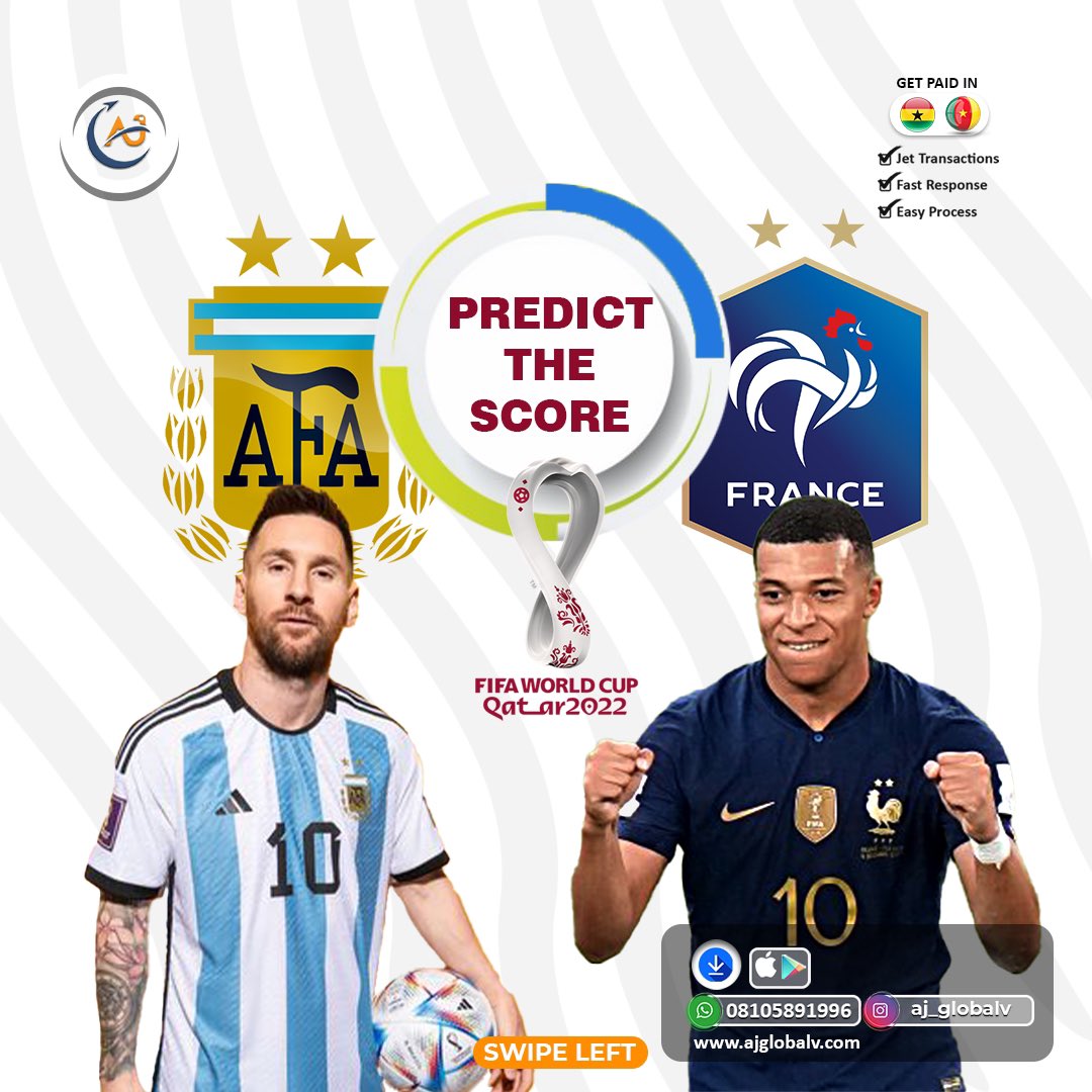 AjGlobalv's tweet photo. PREDICT AND WIN

Predict the score between
Argentina and France 
Today for the world cup final

Get a chance to win 10K.

10 slots available. 

Follow instructions on second slide to win.

Let's Go!!! https://t.co/4ukAbikD1r