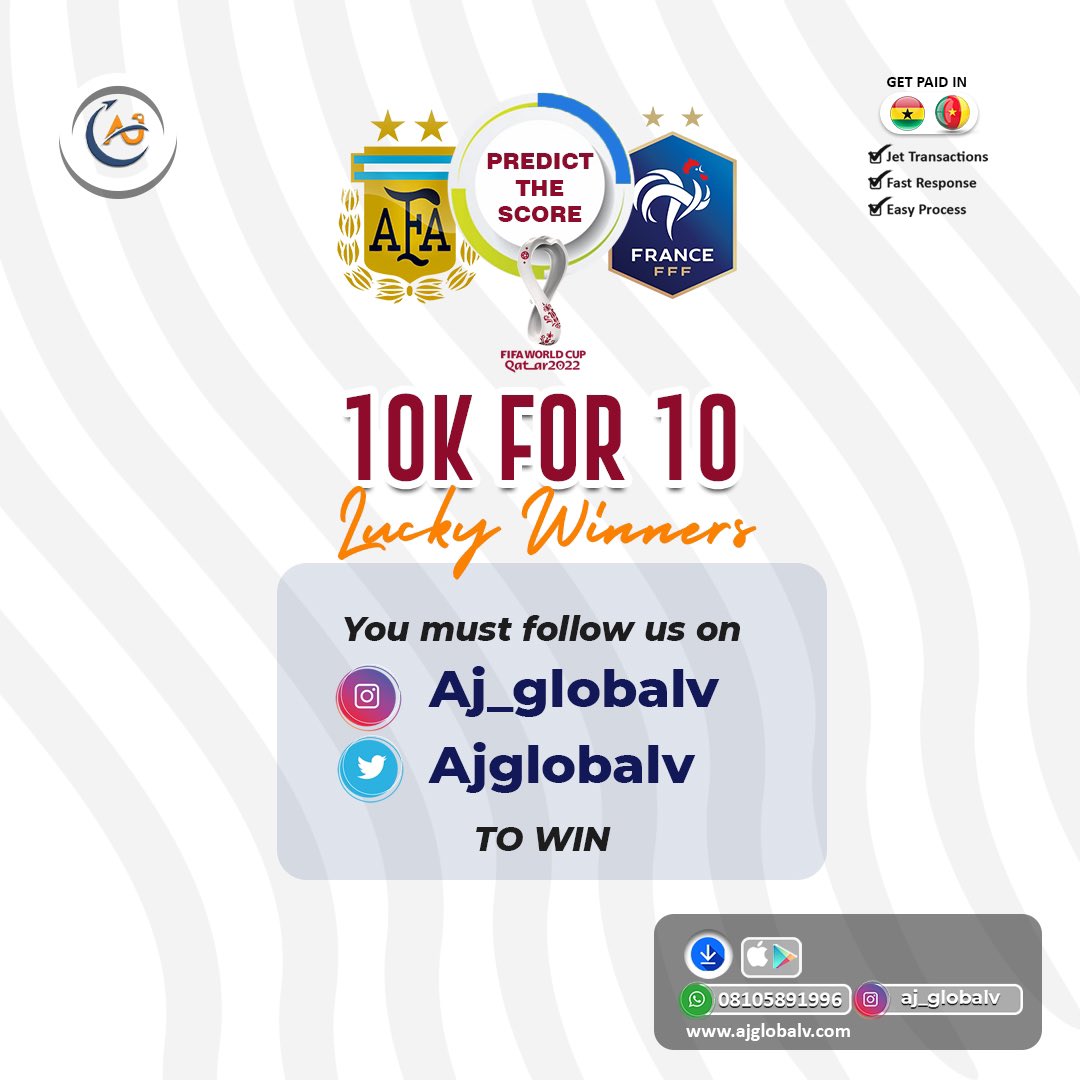 AjGlobalv's tweet photo. PREDICT AND WIN

Predict the score between
Argentina and France 
Today for the world cup final

Get a chance to win 10K.

10 slots available. 

Follow instructions on second slide to win.

Let's Go!!! https://t.co/4ukAbikD1r