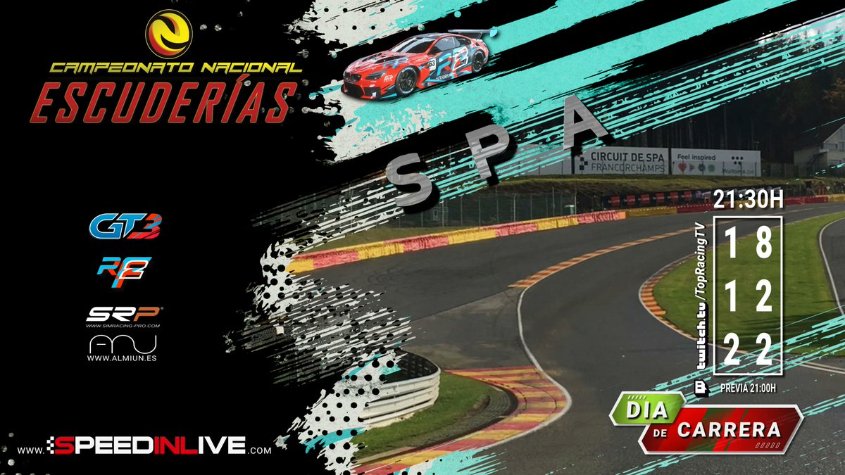 Día de simracing, nos vamos con los GT3 a SPA #sinlCNE como siempre  previa con análisis de la carrera.

Campeonato de Escuderías GT3
🕘 21:00H Previa
🕤 21:30H Carrera
📺 twitch.tv/TopRacingTV

Campeonato ofrecido por: 
@almiun_  
<a href="/SRPsimracingpro/">SRP SimRacing-Pro.com</a>