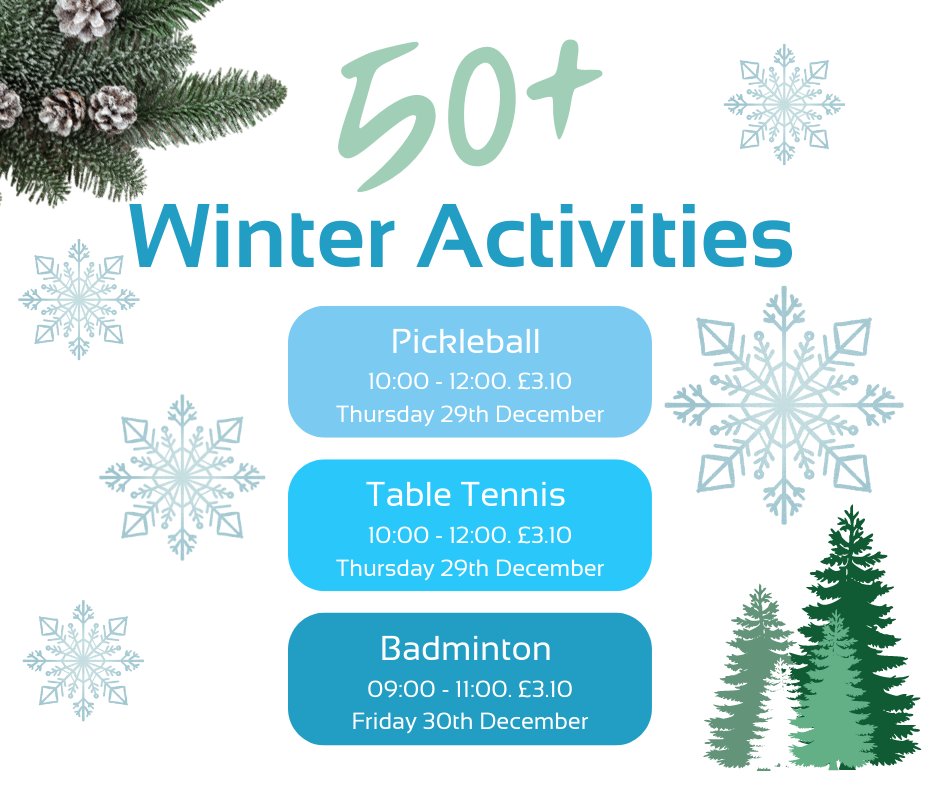 Join us at Shinewater Sports Centre this Winter for some festive games and activities! We've got Pickleball, Badminton and Table Tennis, which is your favourite?

No need to book, just turn up and play on the 29th and 30th December. 
Age 50+, Let's stay active together!