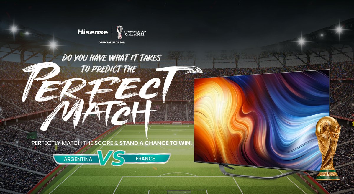 HisenseSA's tweet photo. Ladies and gentlemen, are you ready for the final play-off of the 2022 FIFA World Cup and the last Hisense Predict the Perfect Match?! Simply comment on this post with your prediction, and if you perfectly match the final score, you could win BIG with Hisense!

#HisenseSA https://t.co/efmcuFH2iS